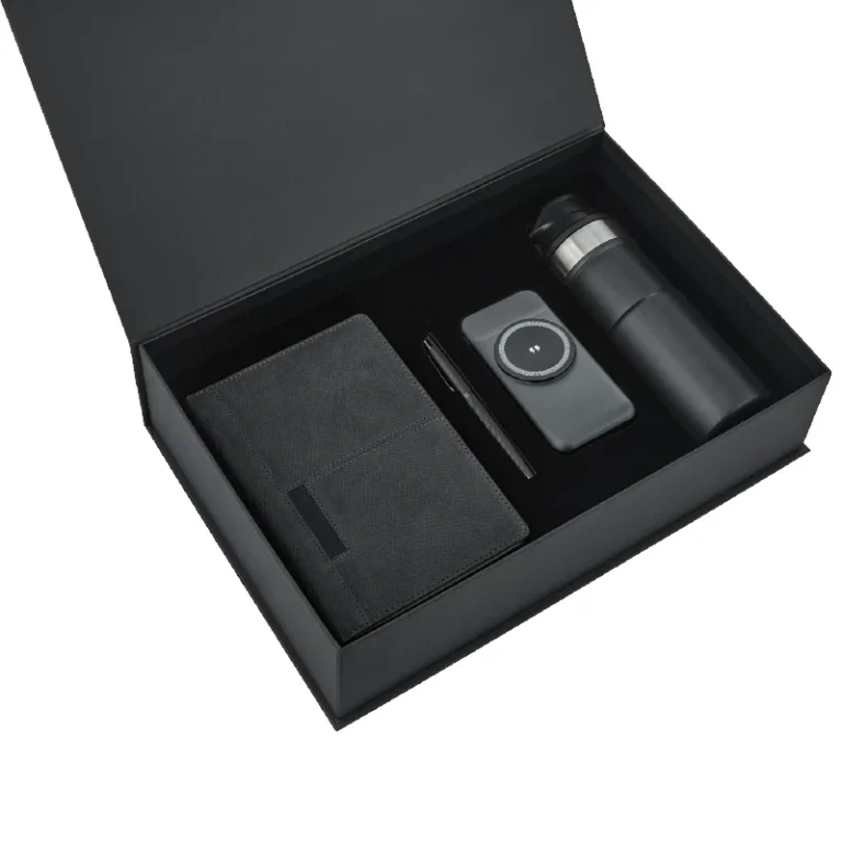 Siyah kurumsal promosyon hediye seti defter kalem powerbank termos